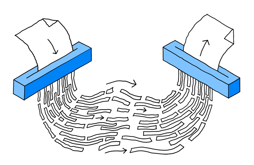 Illustration showing two paper shredders destroying and reconstructing a sheet of paper.